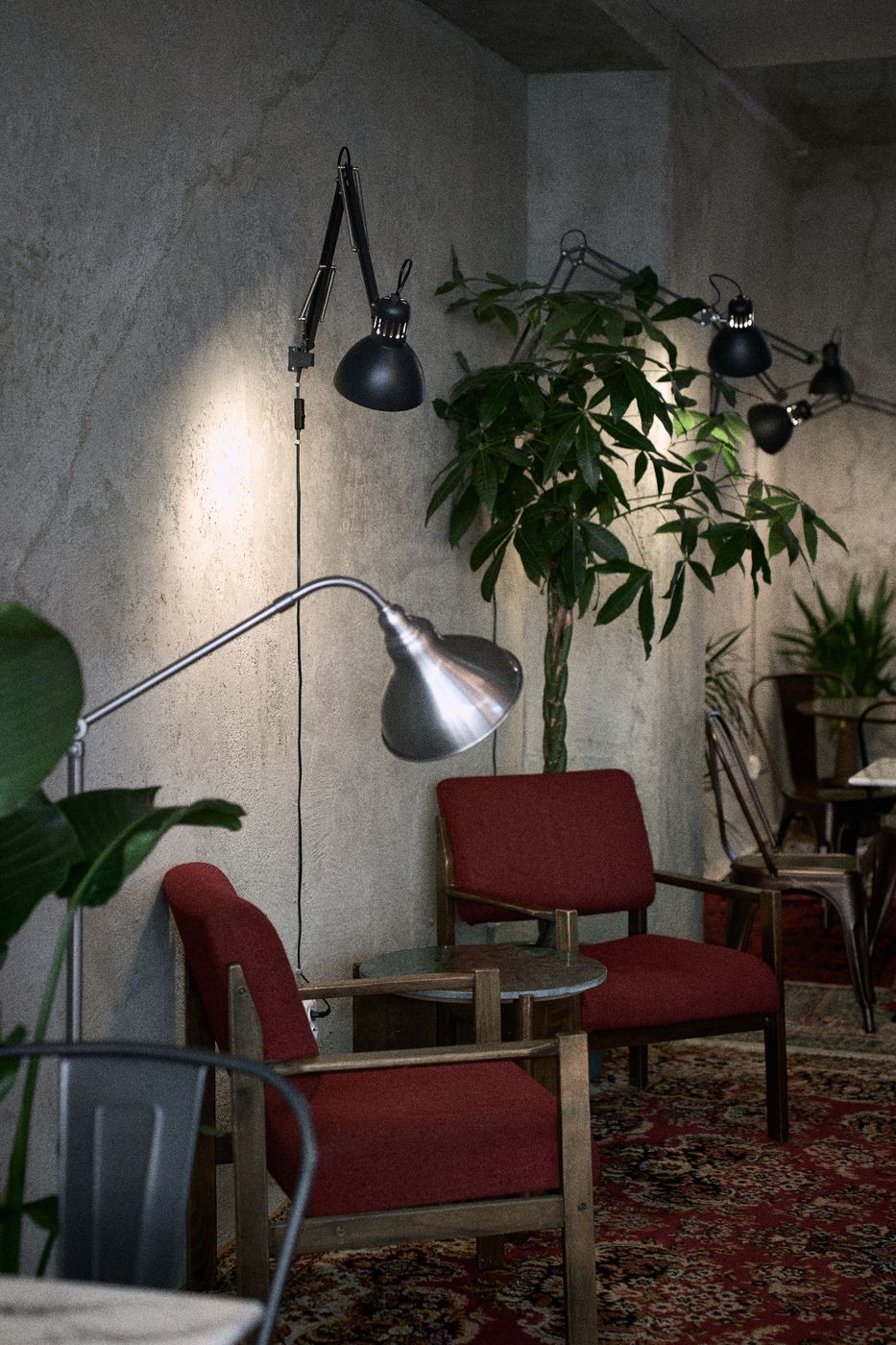 Fotele, roślina i lampa na dywanie w Bruk Cafe